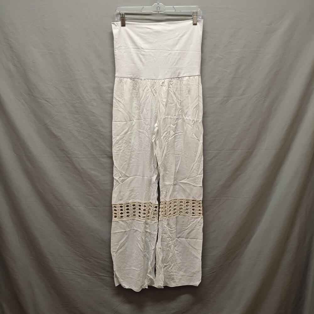 Elan Pants Womens Large White Rayon Lace Inset Wide Leg Palazzo Made USA